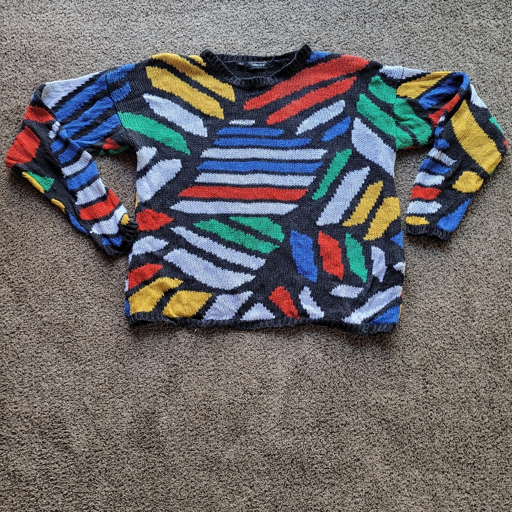 Della Knit Mens Sweater L Vintage Black Colorful Pullover Crew Neck 80s 90s Y2K